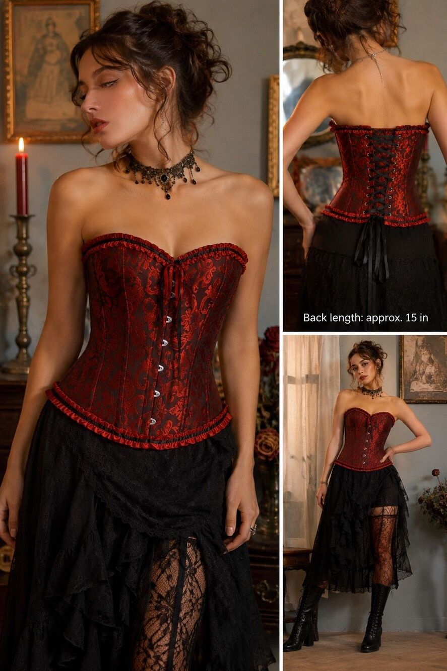 SZIVYSHI Red Black Brocade Corset Bustier Top Lace Up Back Boned Gothic Renaissa